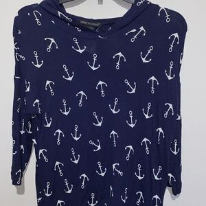 American Dream Women's Navy White Floral Lace Back Stretch Pullover Hoodie Small